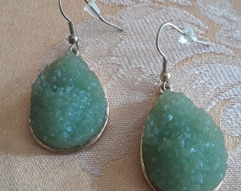 Geod Earrings / Sage Green Geod with Gold-tone Hangers / Pierced Drop-style Earrings