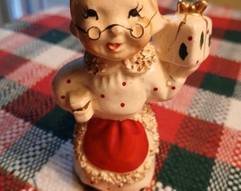 Vintage Mrs. Claus Candle Holder / Spaghetti Trim / Labeled Commodore Japan