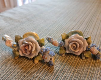 Vintage Pair of Porcelain Place Card Holders / Made in Germany / Roses & Forget-Me-Nots