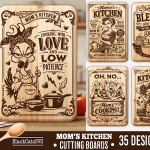 May include: A selection of wooden cutting boards with kitchen-themed designs. One board shows a cartoon chicken with the text "Cooking with Love and Low Patience." Other boards feature vintage illustrations and text such as "Mom's Kitchen."