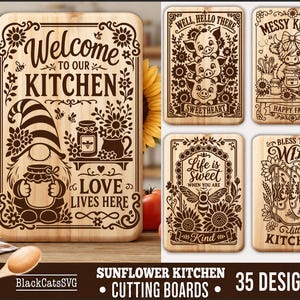 Sunflower Kitchen Cutting Board SVG Bundle, 35 Funny Farmhouse Laser Engraving Designs, Charcuterie Board PNG DXF