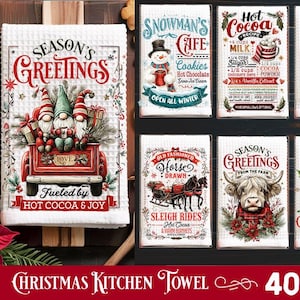 Lot de 40 serviettes de cuisine de Noël PNG rétro PNG Sublimation, lot de sublimation de serviette de cuisine, cuisine de Noël, Noël vintage PNG