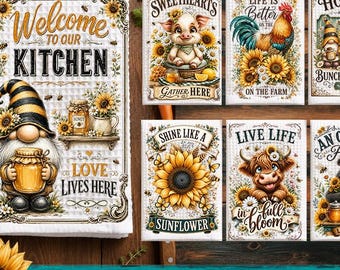 May include: A collection of rectangular kitchen towels featuring various designs with sunflowers, bees, gnomes, a pig, a rooster, a highland cow, and a bear. Each towel displays decorative text such as Welcome to our Kitchen, Life is Better on the Farm, and Bee Your Own Sunshine, set against a white waffle-textured background.