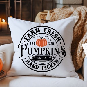 May include: A white pillow with a black and orange design that says "Farm Fresh. Est. 1845 Pumpkins Open Daily Hand Picked".