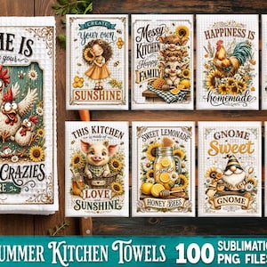 May include: A collection of white kitchen towels featuring various illustrations including chickens, sunflowers, a pig, a gnome, and a beehive. Each towel displays decorative text such as Home Is Where Your Bunch Of Crazies Are, Happiness Is Homemade, and Sweet Lemonade.
