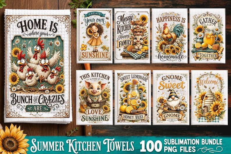 May include: A collection of white kitchen towels featuring various illustrations including chickens, sunflowers, a pig, a gnome, and a beehive. Each towel displays decorative text such as Home Is Where Your Bunch Of Crazies Are, Happiness Is Homemade, and Sweet Lemonade.
