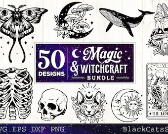 Puede incluir: Un conjunto de 50 ilustraciones vectoriales en blanco y negro sobre un fondo morado. Las ilustraciones tienen el tema de la magia y la brujería. El texto "50 Designs Magic & Witchcraft Bundle" está en la parte superior de la imagen.