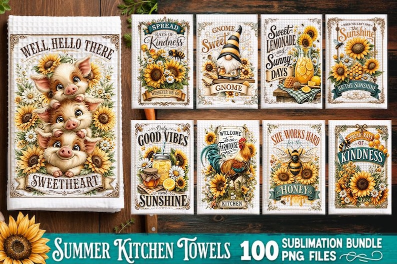 Summer Kitchen Towel Sublimation PNG Bundle – 100 Designs, Sunflower Kitchen towel Sublimation Bundle, Funny kitchen image 5