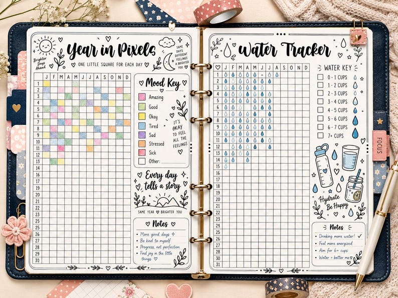 May include: A planner open to two pages featuring a Year in Pixels mood tracker and a Water Tracker. The pages include hand-drawn illustrations, grids for daily logging, color-coded mood keys, and notes sections with text like Hydrate Be Happy.