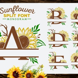 May include: Sunflower split font monogram design with letters A, B, C, D, E, F, and G. Each letter is split in half with a sunflower graphic on each side.