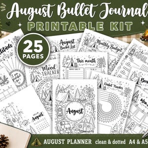 Utskrivbart Bullet Journal-kit för augusti, Campingplanerare med 25 sidor, Månadsplanerare för A4/A5, Humörspårare, Vanespårare, Campingsidor