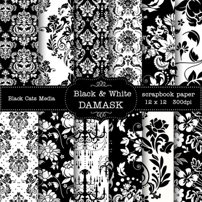 Black and WHITE DAMASK DIGITAL 12 X 12 in and 8.5x11 in Etsy