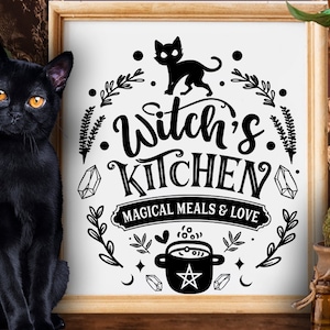 May include: Black and white graphic design with a black cat, a cauldron, and the text "Witch's Kitchen Magical Meals & Love".