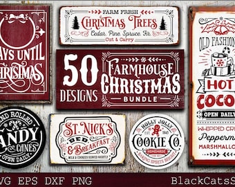 Op de afbeelding: Een verzameling borden met kerstthema's met verschillende ontwerpen. Bevat borden met tekst als "Dagen tot Kerstmis", "Kerstbomen", "Farmhouse Christmas Bundle", "Warme chocolademelk" en "Zuikerstokken". De borden zijn in rood, wit en zwart.