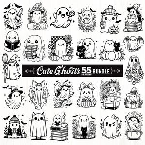 May include: A black and white illustration featuring 55 cute ghost designs. The ghosts are depicted in various poses, some holding objects like books, cats, and pumpkins. The text "Cute Ghosts 55 Bundle Designs" is displayed in the center.