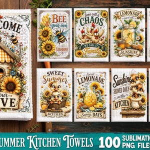 May include: A collection of rectangular kitchen towels featuring sunflower and bee illustrations with text including Welcome to our Hive, Bee your own Sunshine, Some call it Chaos we call it Family, Lemonade, Buzzing Kitchen, Sweet Summer, and Sunshine.