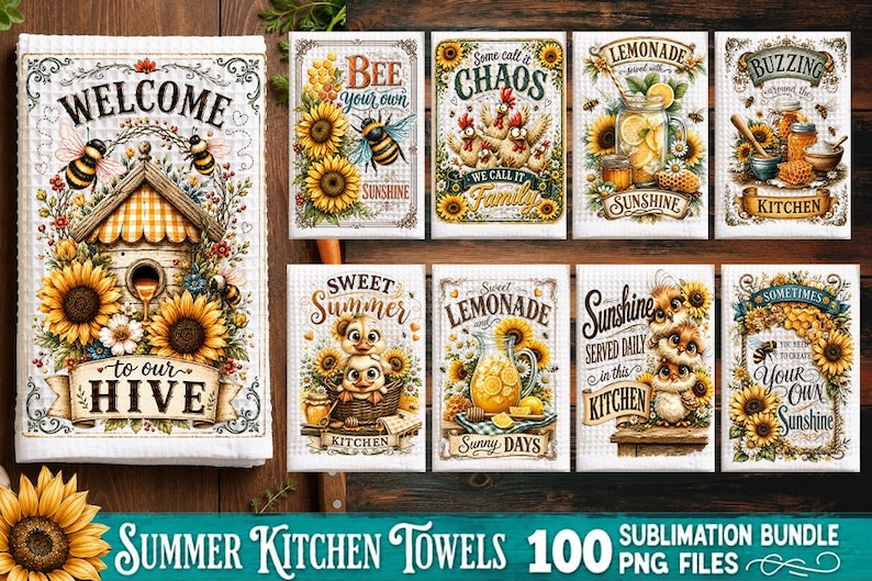 May include: A collection of rectangular kitchen towels featuring sunflower and bee illustrations with text including Welcome to our Hive, Bee your own Sunshine, Some call it Chaos we call it Family, Lemonade, Buzzing Kitchen, Sweet Summer, and Sunshine.