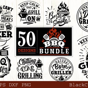 May include: A collection of 50 black and white BBQ-themed SVG designs. The designs feature various phrases and images related to grilling, including "Keep Calm and Grill On", "Born to Smoke", "Dad's Grilling", "BBQ Master", and "Chilling & Grilling".