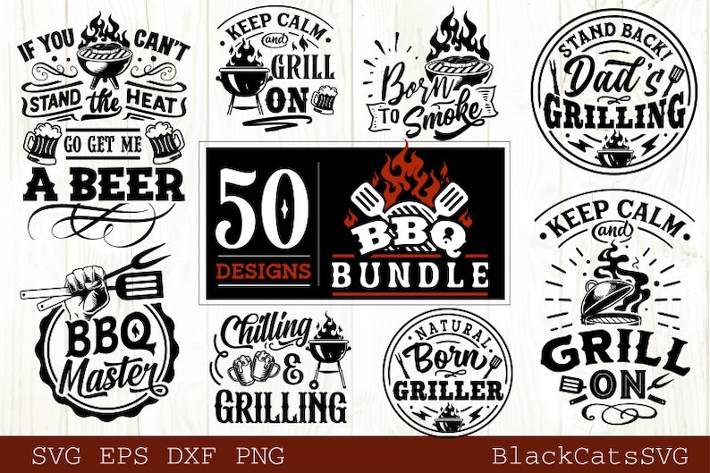 May include: A collection of 50 black and white BBQ-themed SVG designs. The designs feature various phrases and images related to grilling, including "Keep Calm and Grill On", "Born to Smoke", "Dad's Grilling", "BBQ Master", and "Chilling & Grilling".