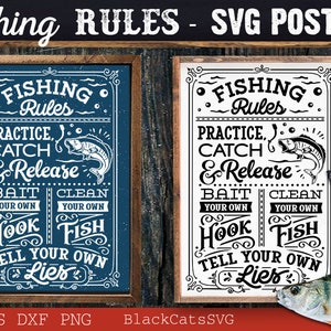 May include: Two black framed signs with white text on a blue and white background. The signs have the text "Fishing Rules" and list rules for fishing. The signs are on a wooden background with fishing rods and a fish.