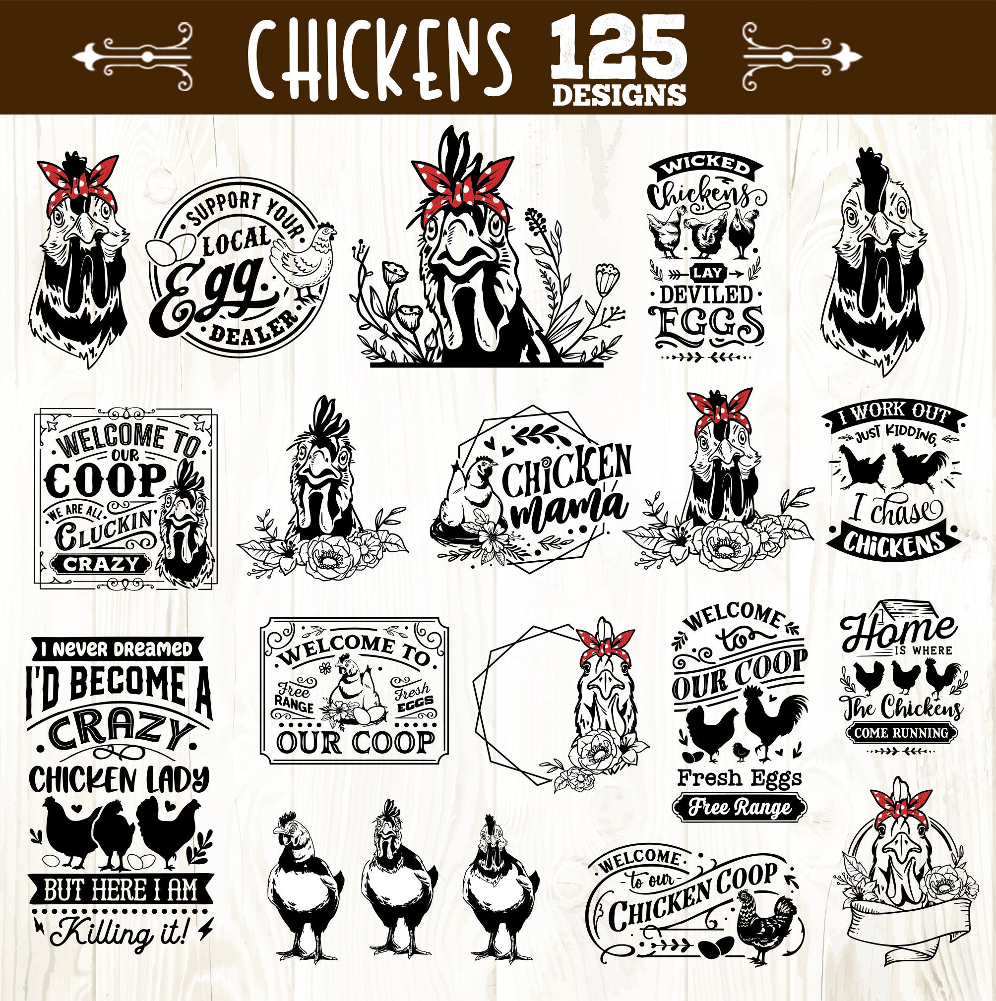 Vector Lettering Chicken Bundle Chicken Bundle Svg, Funny Chicken Bundle 125 Designs Svg, Crazy ...