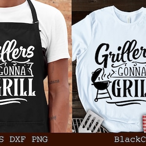Könnte beinhalten: Ein weißes T-Shirt mit schwarzem Text, der "Grillers Gonna Grill" lautet, und einer Schwarzweißillustration eines Grills. Das T-Shirt liegt auf einer Holzoberfläche mit einem rot-weiß karierten Tuch.