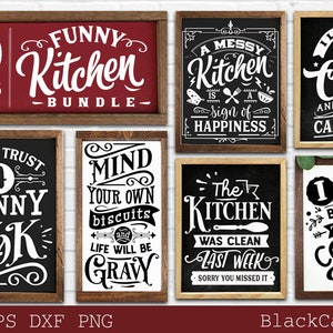 May include: A collection of eight framed kitchen-themed designs with humorous quotes in white lettering on black or red backgrounds. The designs include phrases like "Funny Kitchen Bundle" and "I like big cups and I cannot lie."