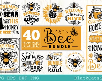 May include: A collection of 40 bee-themed designs in black and yellow. The designs include illustrations of bees, honey pots, and phrases like "Bee Kind" and "Home is where my honey." The image also includes the text "Bee Bundle."
