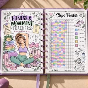 May include: A spiral-bound fitness planner open to two pages. The left page features the text Fitness & Movement Trackers, a drawing of a person stretching, dumbbells, and a water bottle. The right page shows a Steps Tracker grid with color-coded keys.