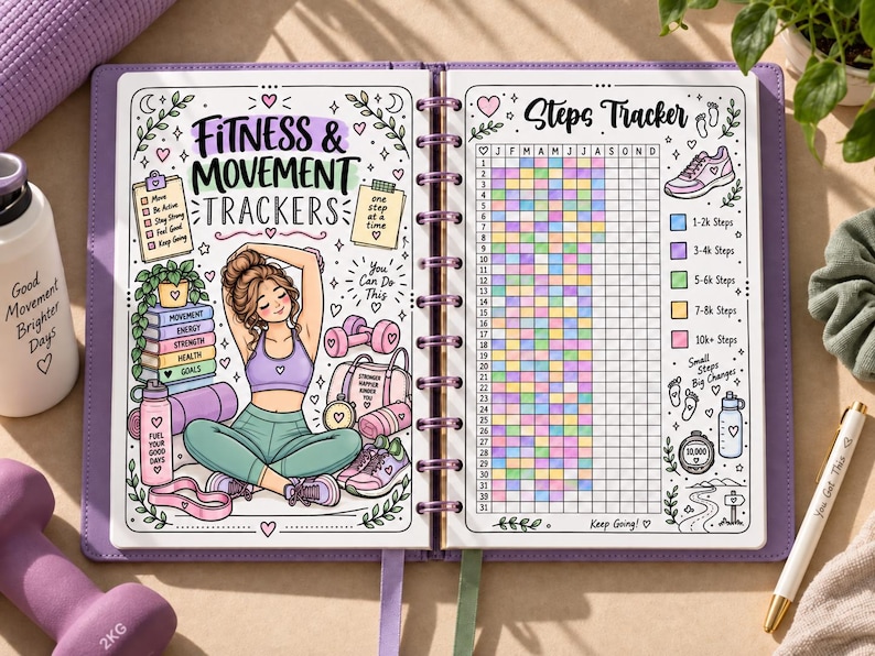 May include: A spiral-bound fitness planner open to two pages. The left page features the text Fitness & Movement Trackers, a drawing of a person stretching, dumbbells, and a water bottle. The right page shows a Steps Tracker grid with color-coded keys.
