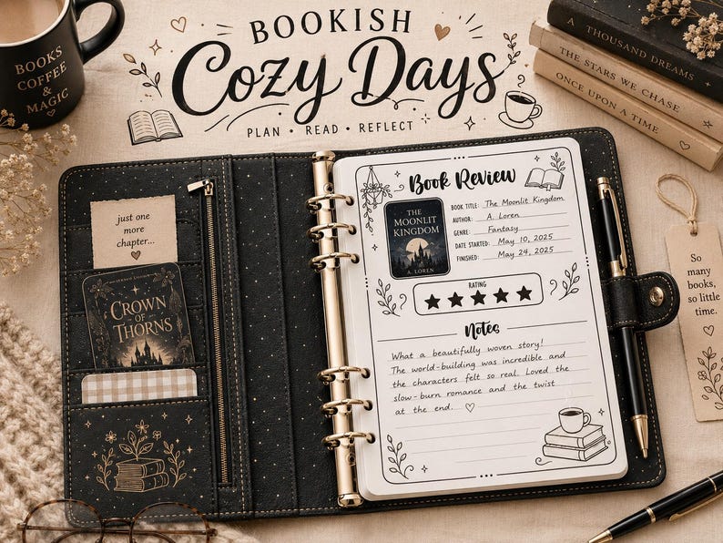 Pu&ograve; includere: Un'agenda a sei anelli nera con finiture dorate e tasche interne. La pagina aperta mostra un modello di recensione di libri con testo scritto a mano, tra cui il titolo The Moonlit Kingdom, una valutazione a cinque stelle e note. Include una penna nera.