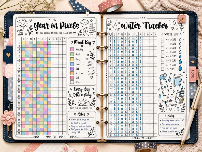 May include: A two-page planner spread featuring a Year in Pixels mood tracker with a color-coded key and a Water Tracker with a daily grid. The pages include hand-drawn illustrations of suns, moons, and water droplets, with text labels like Year in Pixels, Mood Key, Water Tracker, and Hydrate Be Happy.