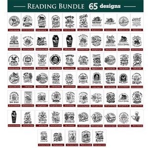 May include: A black and white graphic design bundle featuring 65 different designs with text related to reading and books. The designs include quotes, illustrations, and typography.