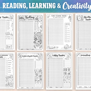 May include: A set of eight black and white printable tracker sheets titled Reading, Learning & Creativity. Each page features a grid for daily logging, including trackers for reading, knitting, yearly reading, doodling, language, projects, hobbies, and journaling.