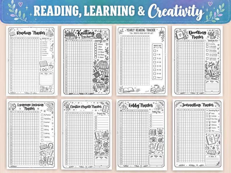May include: A set of eight black and white printable tracker sheets titled Reading, Learning & Creativity. Each page features a grid for daily logging, including trackers for reading, knitting, yearly reading, doodling, language, projects, hobbies, and journaling.