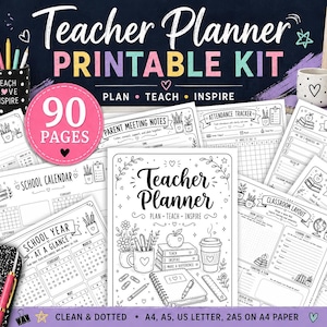 Könnte beinhalten: Ein druckbares Lehrerplaner-Set mit 90 Seiten schwarz-weißen Organisationsvorlagen. Die Sammlung enthält Notenübersichten, Anwesenheitslisten, Unterrichtspläne und Kalender mit handgezeichneten Illustrationen und motivierenden Texten.