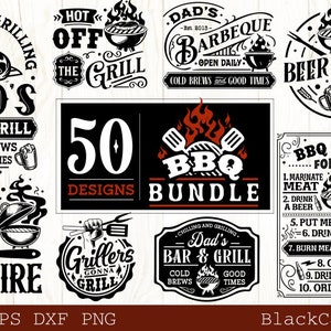 May include: A collection of 50 black and white designs for grilling and barbecue. The designs include text such as "Dad's Bar & Grill", "Real Men Play With Fire", "Hot Off The Grill", "Beer & BBQ", and "BBQ Rules For Men".
