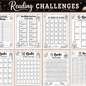Pu&ograve; includere: Un set di otto fogli di sfida di lettura stampabili in bianco e nero con vari layout. L'intestazione recita Reading Challenges. Le singole pagine includono sfide A-Z, mensili, 30 libri in 30 giorni, 10, 25, 50, 75 e 100 libri con icone.