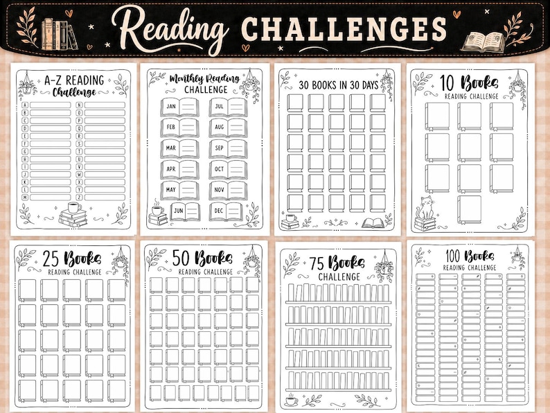 Pu&ograve; includere: Un set di otto fogli di sfida di lettura stampabili in bianco e nero con vari layout. L'intestazione recita Reading Challenges. Le singole pagine includono sfide A-Z, mensili, 30 libri in 30 giorni, 10, 25, 50, 75 e 100 libri con icone.