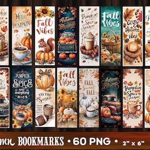 May include: A collection of autumn-themed bookmarks, each featuring watercolor illustrations. Designs include pumpkins, coffee, squirrels, and fall foliage. The bookmarks are 2 inches by 6 inches.
