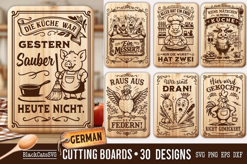 Puede incluir: Colecci&oacute;n de tablas de cortar de madera con texto e ilustraciones humor&iacute;sticas en alem&aacute;n. Los dise&ntilde;os incluyen un cerdo con una escoba, un chef cerdo y una vaca en una cocina. Las tablas son rectangulares.