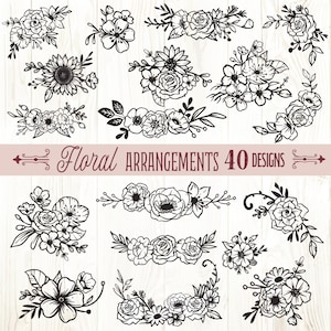 May include: A set of 40 black and white floral arrangements, perfect for crafting and design projects. The designs feature various flowers, leaves, and stems.