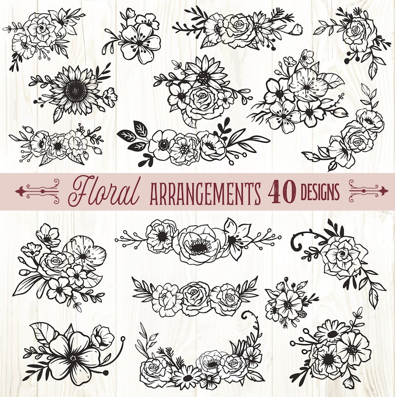 May include: A set of 40 black and white floral arrangements, perfect for crafting and design projects. The designs feature various flowers, leaves, and stems.