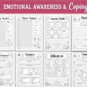 May include: A set of eight black and white printable worksheets titled Emotional Awareness & Coping. The pages include trackers for anxiety, stress, and triggers, plus sections for brain dumps, mental unloading, letting go, and anger release.