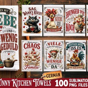 May include: A collection of white waffle-textured kitchen towels featuring humorous German text and illustrations of chickens, a cat, a pig, and a skull wearing a chef hat. Designs include phrases like Kochen mit Liebe und wenig Geduld.