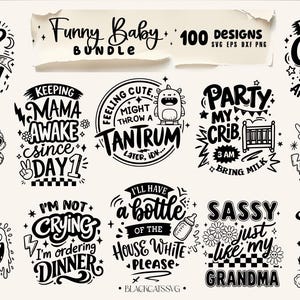 おもしろベビーバンドル 100 デザイン SVG、おもしろボディスーツ引用句、おもしろベビー SVG、新生児ベビー SVG、ベビー引用句バンドル、かわいいベビーの言葉