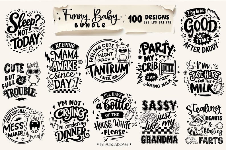 Paquete de 100 diseños divertidos para bebés en formato SVG, frases divertidas para bodys, SVG divertido para bebés, SVG para recién nacidos, paquete de frases para bebés, frases tiernas para bebés imagen 1