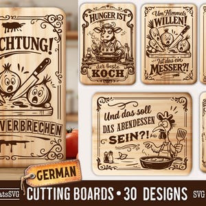 Puede incluir: Un conjunto de tablas de cortar de madera con ilustraciones humor&iacute;sticas y texto en alem&aacute;n. Los dise&ntilde;os presentan dibujos animados de verduras, animales y frases relacionadas con la cocina. Las tablas son rectangulares y tienen bordes decorativos.