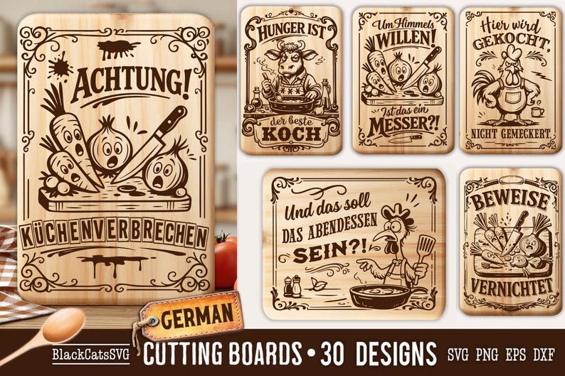 Puede incluir: Un conjunto de tablas de cortar de madera con ilustraciones humor&iacute;sticas y texto en alem&aacute;n. Los dise&ntilde;os presentan dibujos animados de verduras, animales y frases relacionadas con la cocina. Las tablas son rectangulares y tienen bordes decorativos.