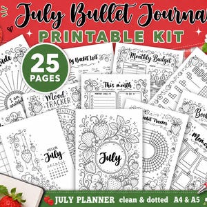 May include: A printable bullet journal kit for July featuring 25 pages with strawberry and mouse illustrations. The black and white pages include templates for gratitude, mood tracking, monthly budgets, habit tracking, and memories, all decorated with botanical strawberry motifs.
